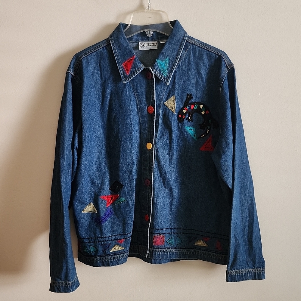 S Collection Gecko Lizard Jean Jacker Southwestern Western Embroidered Vintage